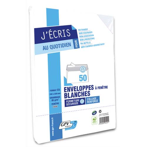 GPV Paquet de 50 enveloppes Blanches auto-adhésives 80 grammes format C5 162x229mm fenêtre 45x100 réf6627 photo du produit Principale L