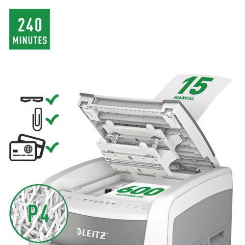 LEITZ Destructeur de documents IQ Auto+ Office Pro 600 P-4 coupe croisée 4x28mm 600feuilles 110L 80170000 photo du produit Secondaire 1 L