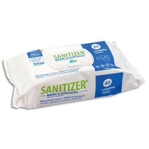 TIFON Paquet 80 Lingettes SANITIZER pour mains et surfaces, actif sur coronavirus - Format 17 x 20 cm photo du produit Principale L