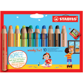 STABILO woody 3in1 crayon de couleur - Etui carton de 10 crayons + taille-crayon - Coloris assortis photo du produit