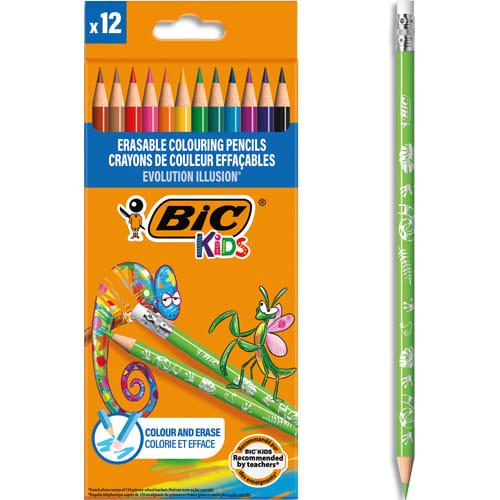BIC KIDS Evolution Illusion Crayons de Couleur Effaçables - Couleurs Assorties, Etui Carton de 12 photo du produit