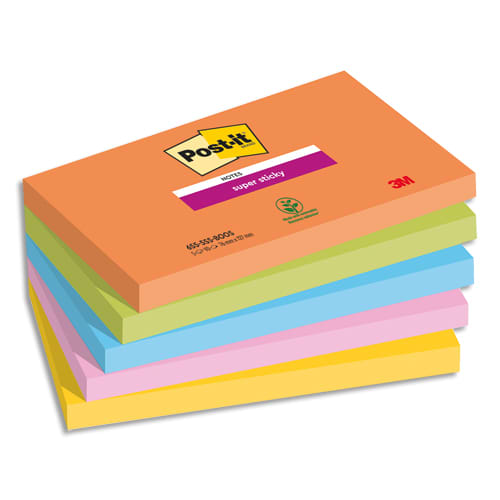 POST-IT® Notes Super Sticky Boost 76x127mm. Lot de 5 blocs de 90 F. Ass : orange/vert/bleu/rose/jaune. photo du produit