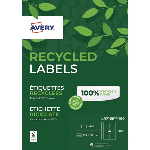 AVERY Boîte de 400 étiquettes adresse Laser recyclées Blanc 99,1 x 139 mm LR7169-100 photo du produit Principale L