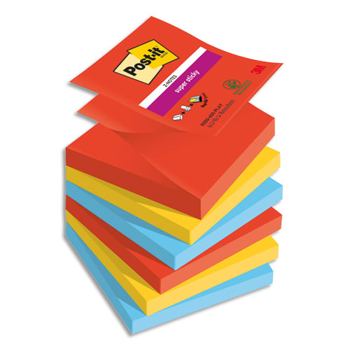 POST-IT® Z-Notes Super Sticky Playful 76x76 mm. 6 blocs, 90F. Ass : rouge/orange/jaune/vert/bleu/violet. photo du produit