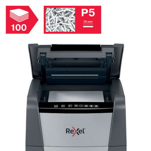 REXEL Destructeur de documents Optimum Auto+ 100M P-5 coupe micro 2x15mm 100 feuilles 34litres 2020100MEU photo du produit Secondaire 1 L