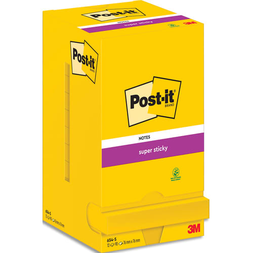 POST-IT Lot de 12 blocs repositionnables SUPERSTICKY 90 feuilles. Format 7,6 x 7,6cm. Coloris Jaune foncé photo du produit