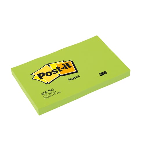 POST-IT Lot de 6 blocs repositionnables de 100 feuilles. Format 7,6 x 12,7 cm. Couleur Vert Néon photo du produit