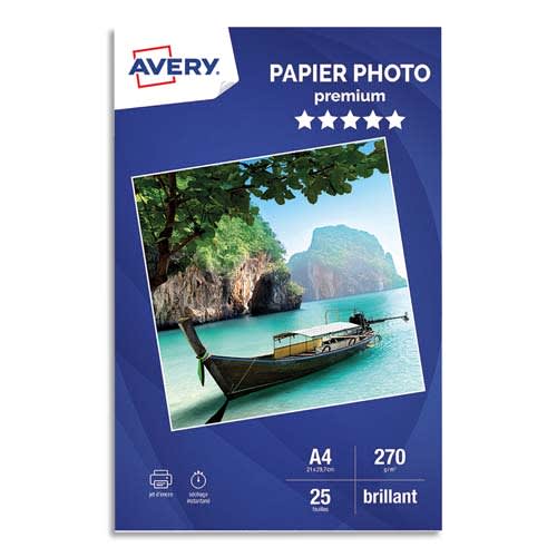 AVERY Boîte de 25 feuilles de papier photo brillant A4, Jet d'encre, 270 g. photo du produit Principale L