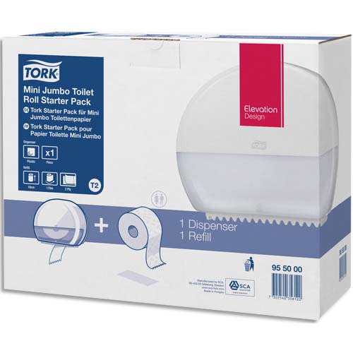 TORK Pack T2 Starter Distributeur de papier toilette + recharge Premium Mini Jumbo 170 m doux Blanc photo du produit Principale L