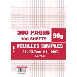 OXFORD Feuilles Simples A4 Grands Carreaux Seyès 200 Pages Etui Carte Rouge  Coloris Assortis