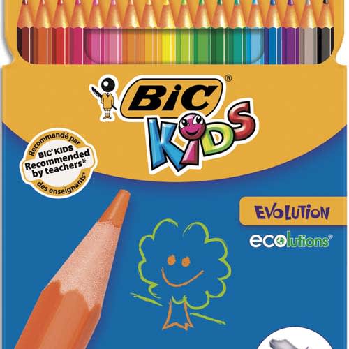 BIC KIDS Evolution ECOlutions Crayons de Couleur - Coloris Assortis, Etui  Carton de 18