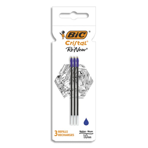 BIC Cristal Re'New Recharges pour Stylo-Bille Pointe Moyenne (1,0 mm) - Bleu, Etui Carton de 3 photo du produit