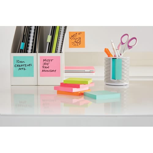 POST-IT® Notes Beachside 76 x 127 mm. Lot de 6 blocs, 100 F. Ass : vert,  bleu, jaune, orange, rose. - Direct Papeterie.com