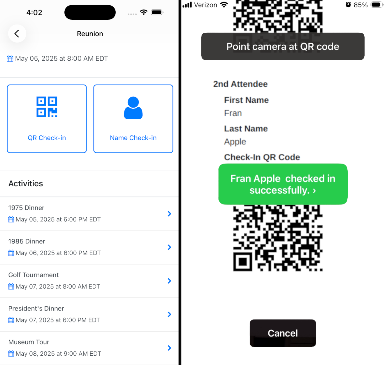 Advancement Form Events mobile check-in app