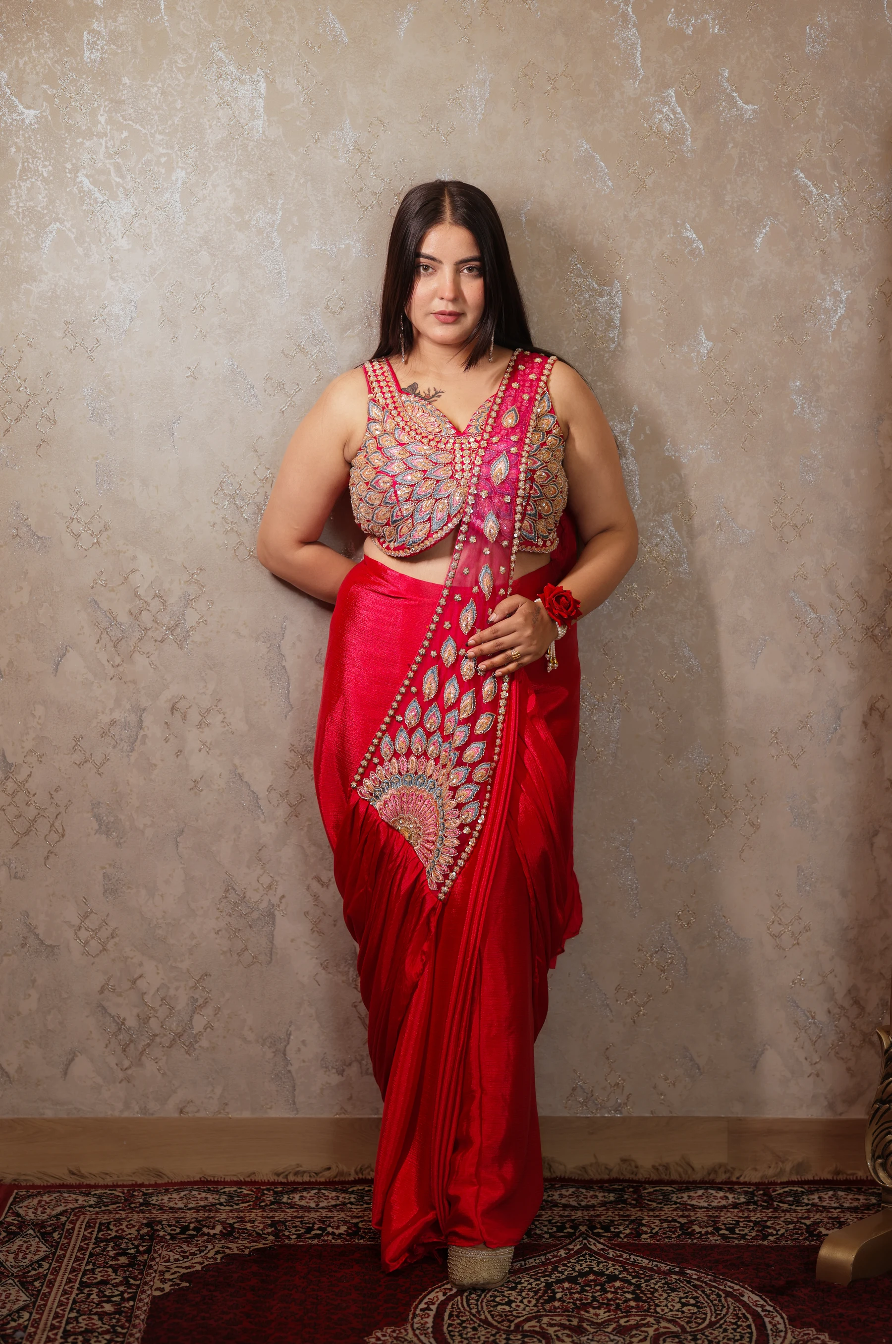 Rohini Crimson Red Peacock Hand-Embroidered Pre-Stitched Draped Saree — alternate view