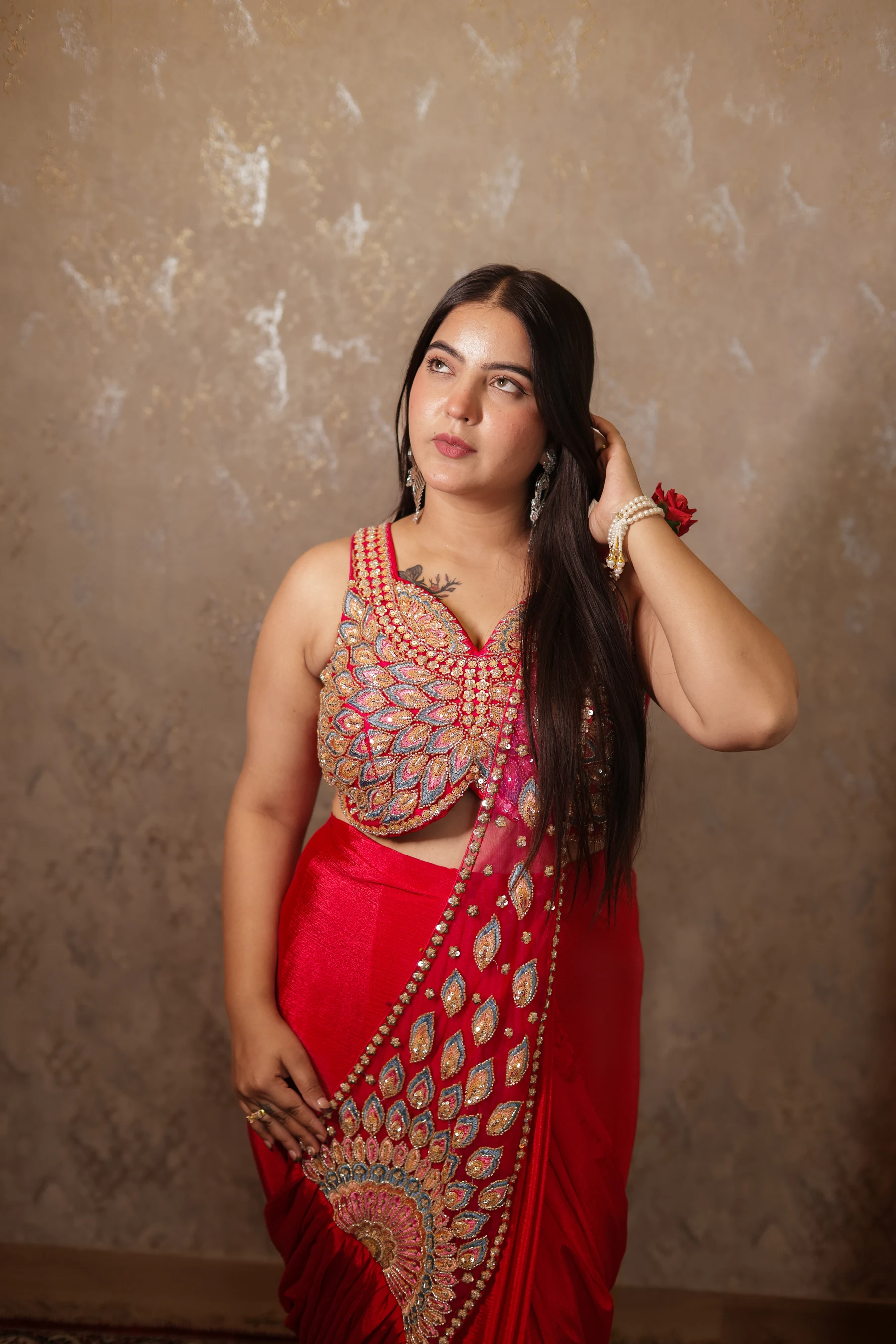 Rohini Crimson Red Peacock Hand-Embroidered Pre-Stitched Draped Saree — photo 5