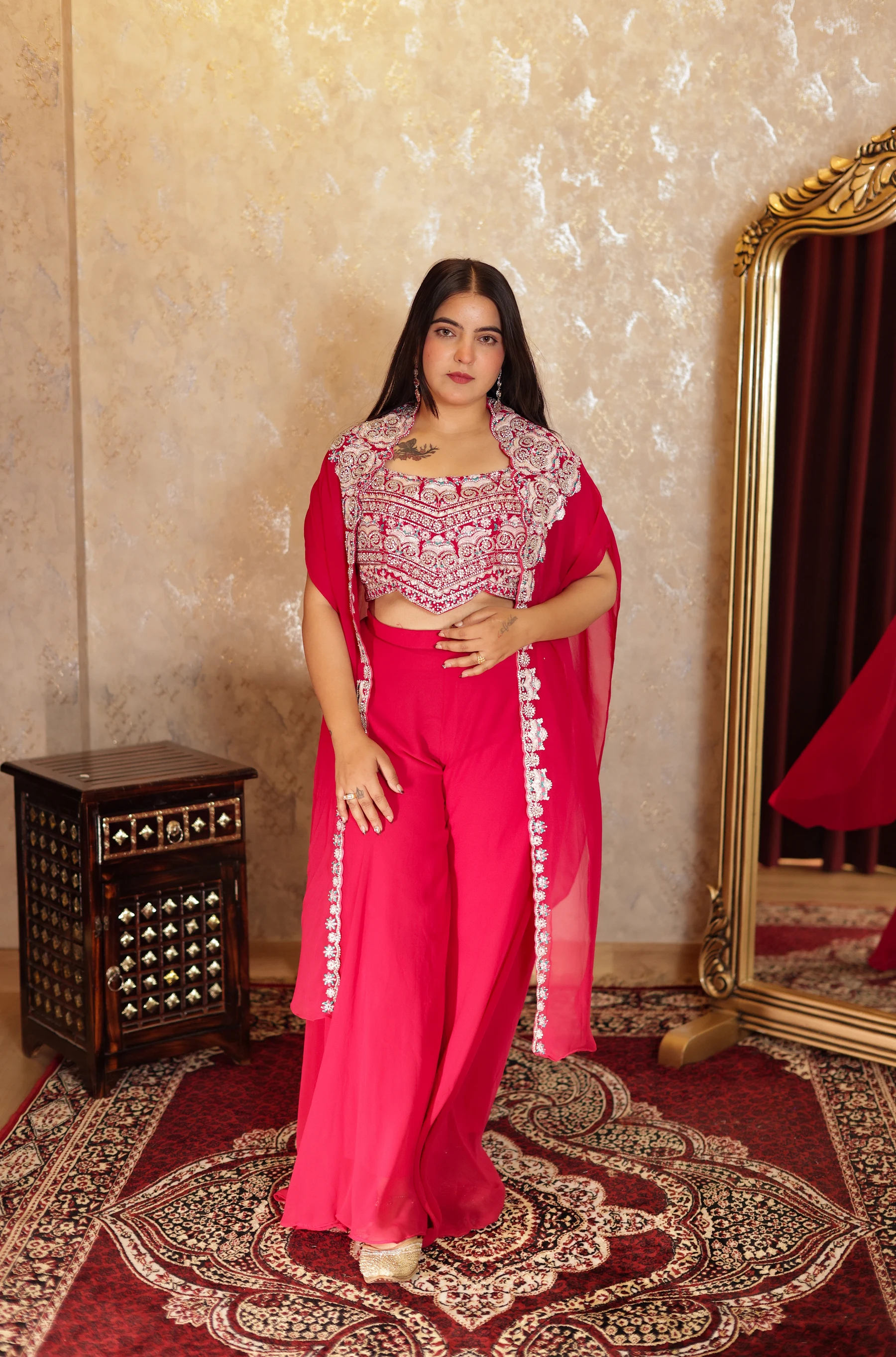 Gulnaz Fuchsia Embroidered Indo-Western Cape & Palazzo Set — alternate view