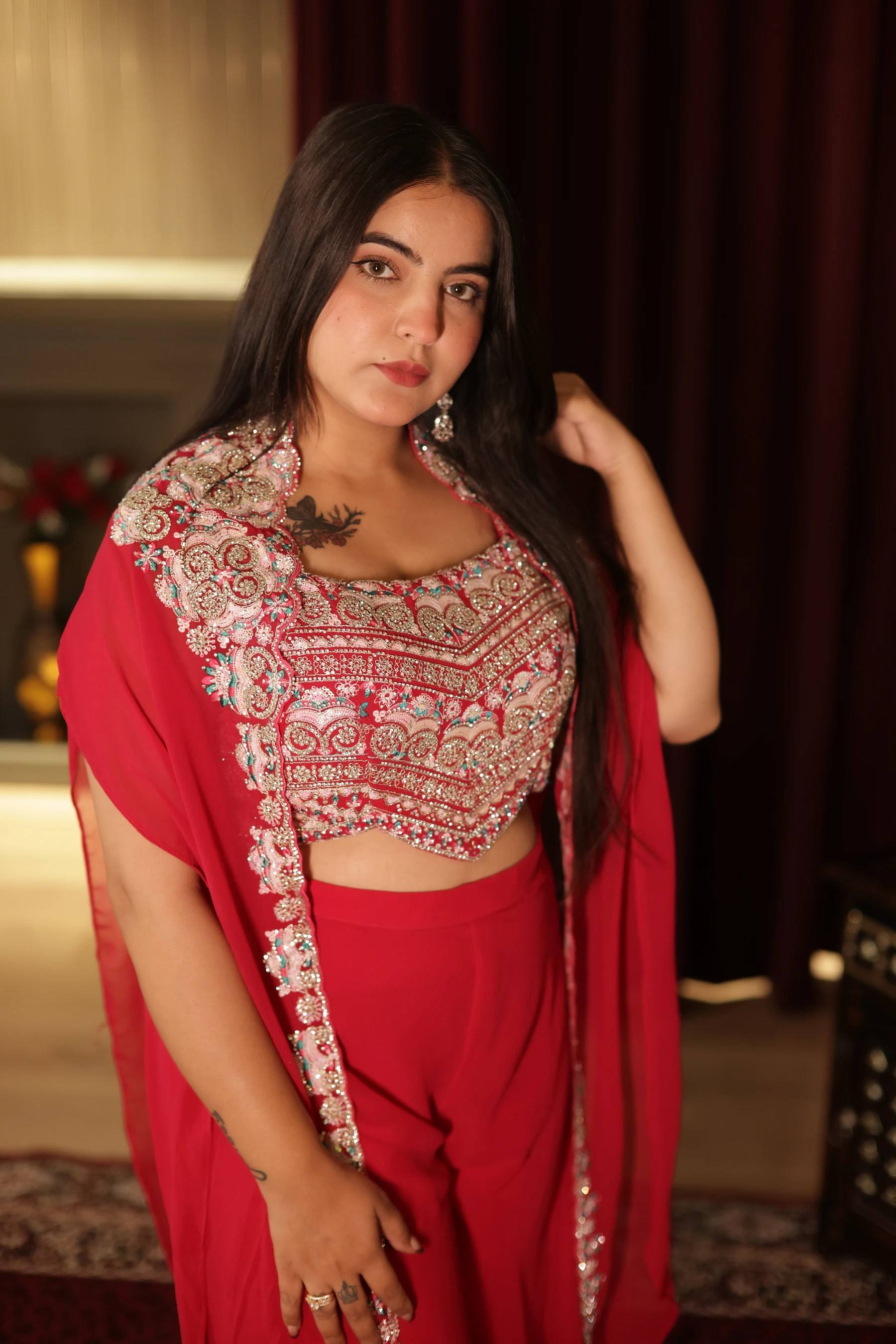 Gulnaz Fuchsia Embroidered Indo-Western Cape & Palazzo Set thumbnail 3