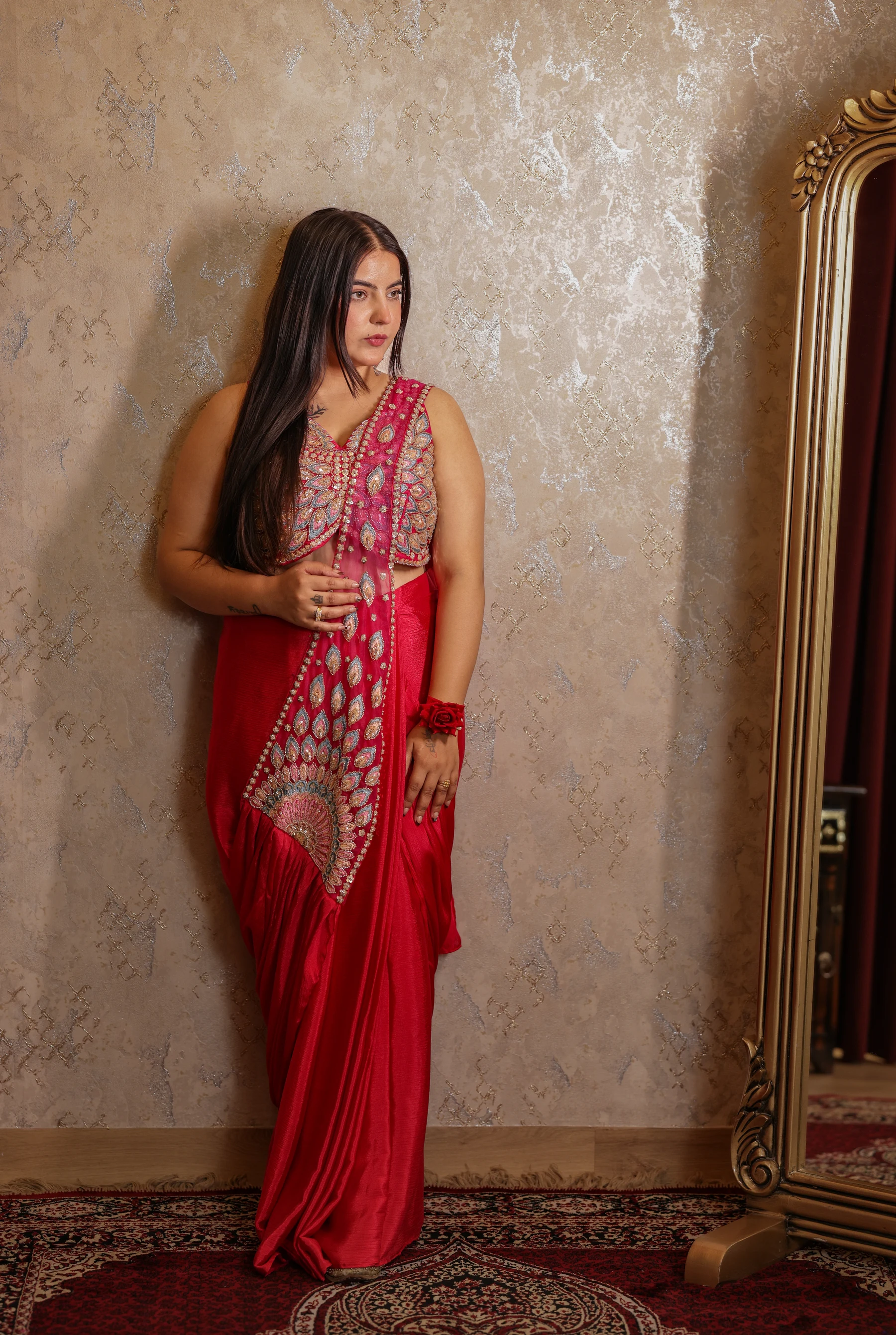 Rohini Crimson Red Peacock Hand-Embroidered Pre-Stitched Draped Saree — photo 3