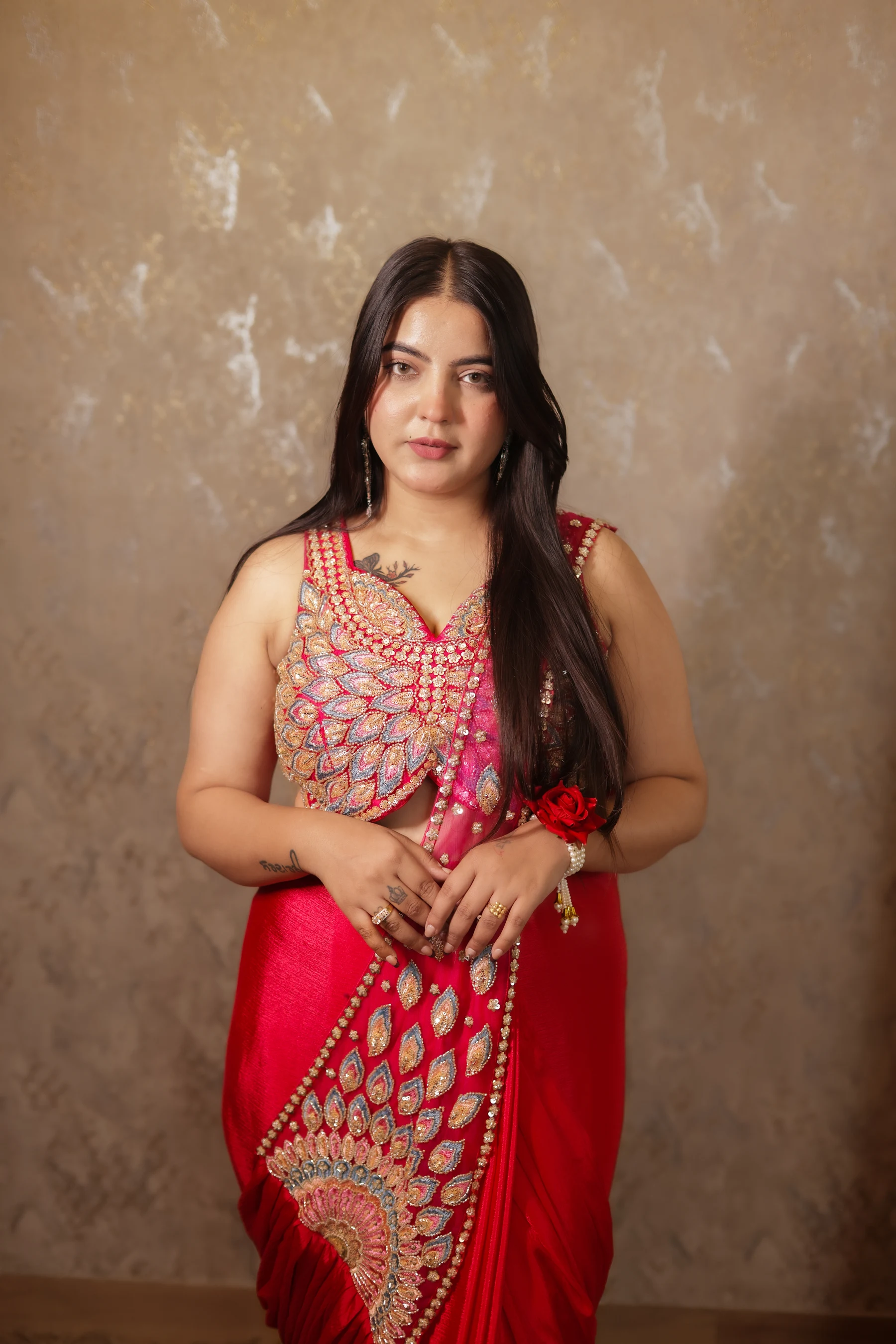 Rohini Crimson Red Peacock Hand-Embroidered Pre-Stitched Draped Saree — photo 4