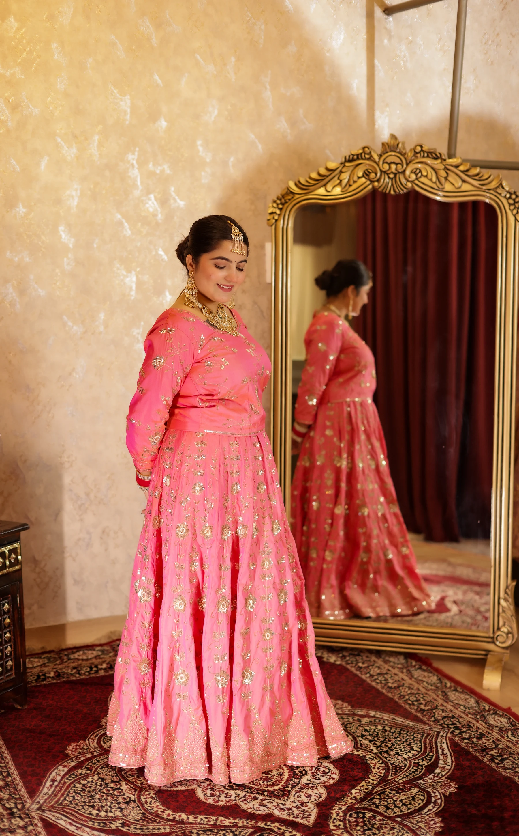 Gulabi Rani Pink Shot Silk Kalidar Ensemble