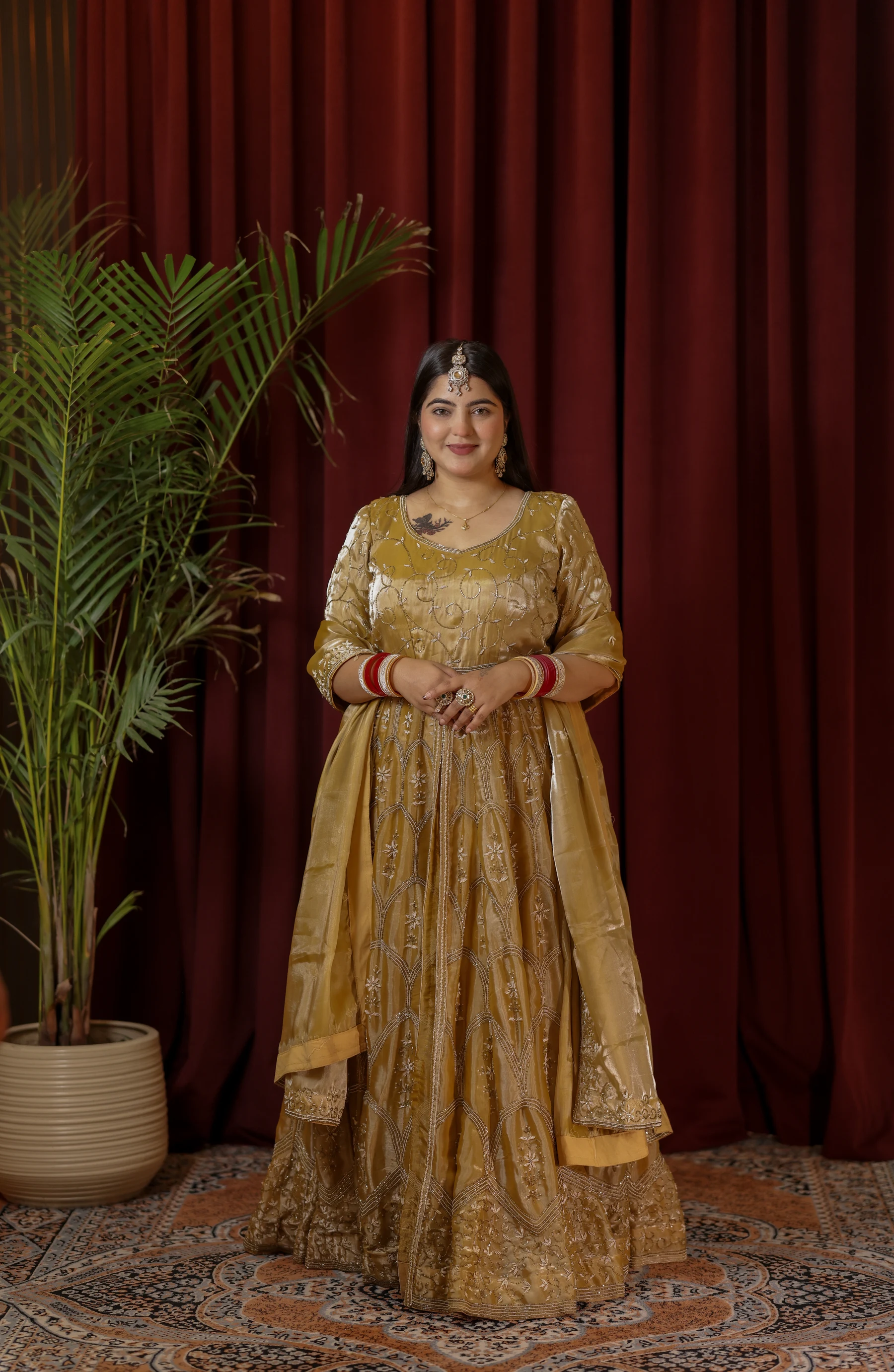 Zarina Antique Gold Metallic Tissue Kalidar Set