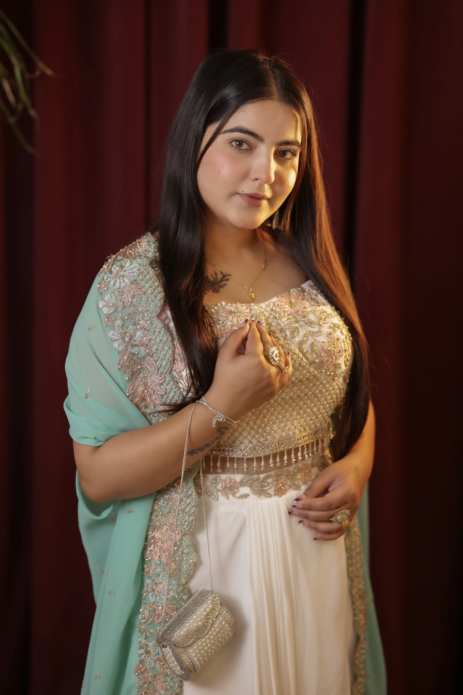 Zunaira Ivory & Mint Embroidered Indo-Western Drape Skirt & Cape Set thumbnail 4