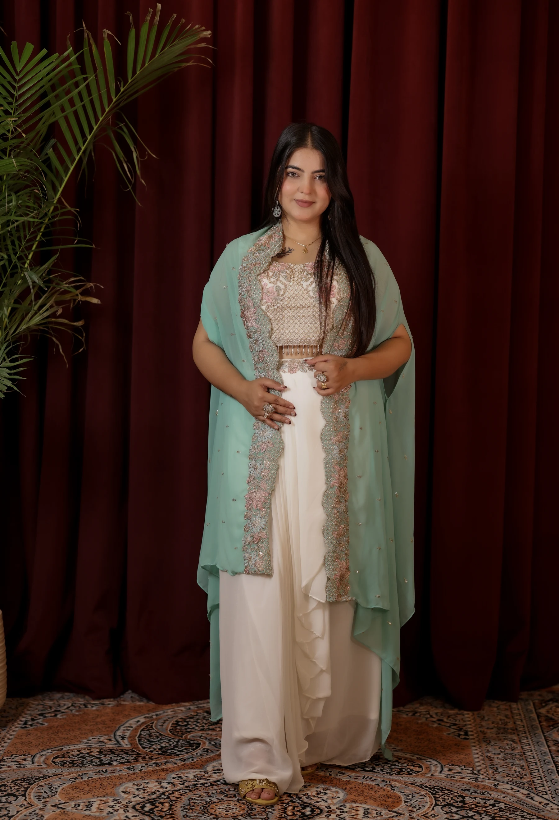 Zunaira Ivory & Mint Embroidered Indo-Western Drape Skirt & Cape Set