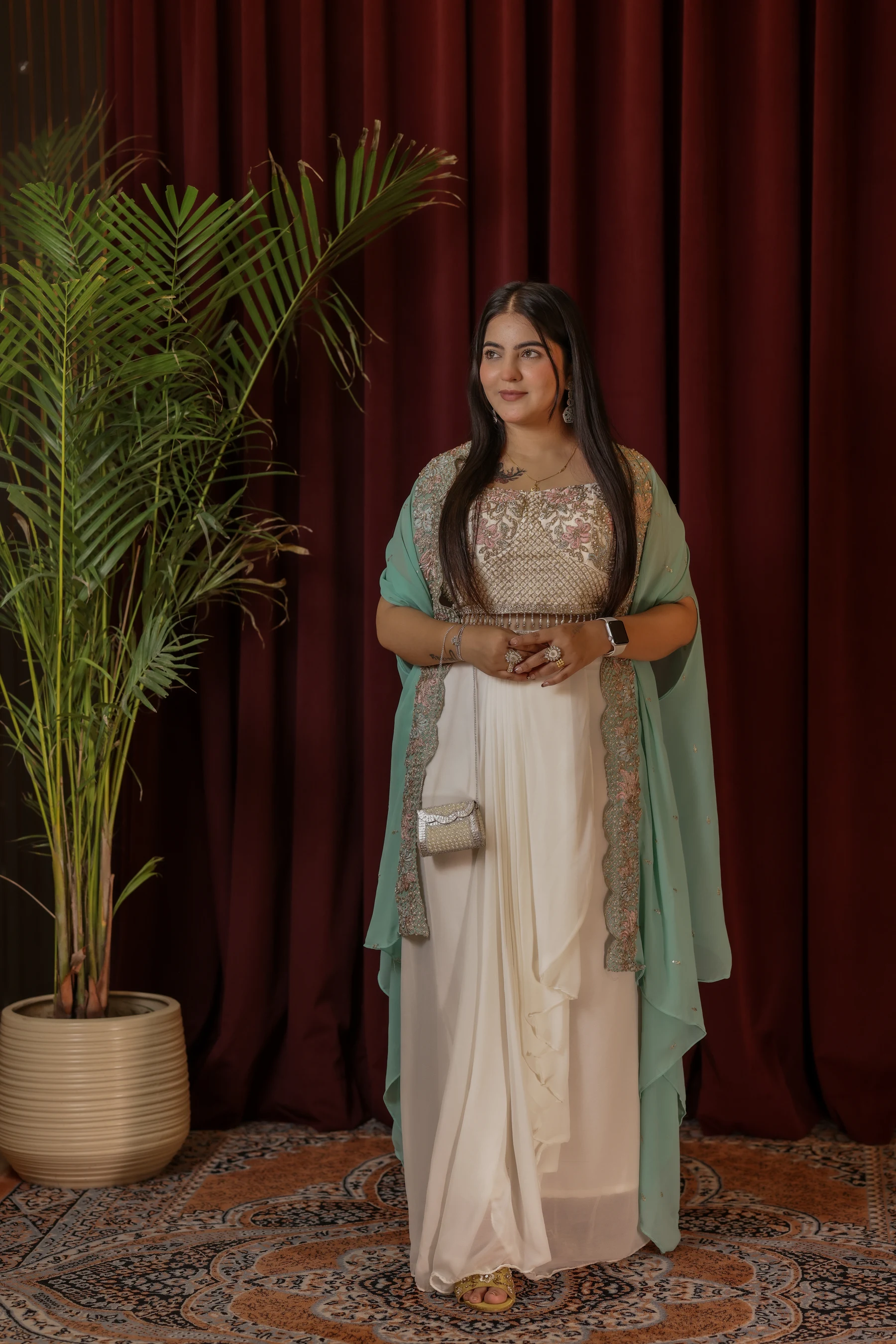 Zunaira Ivory & Mint Embroidered Indo-Western Drape Skirt & Cape Set — alternate view