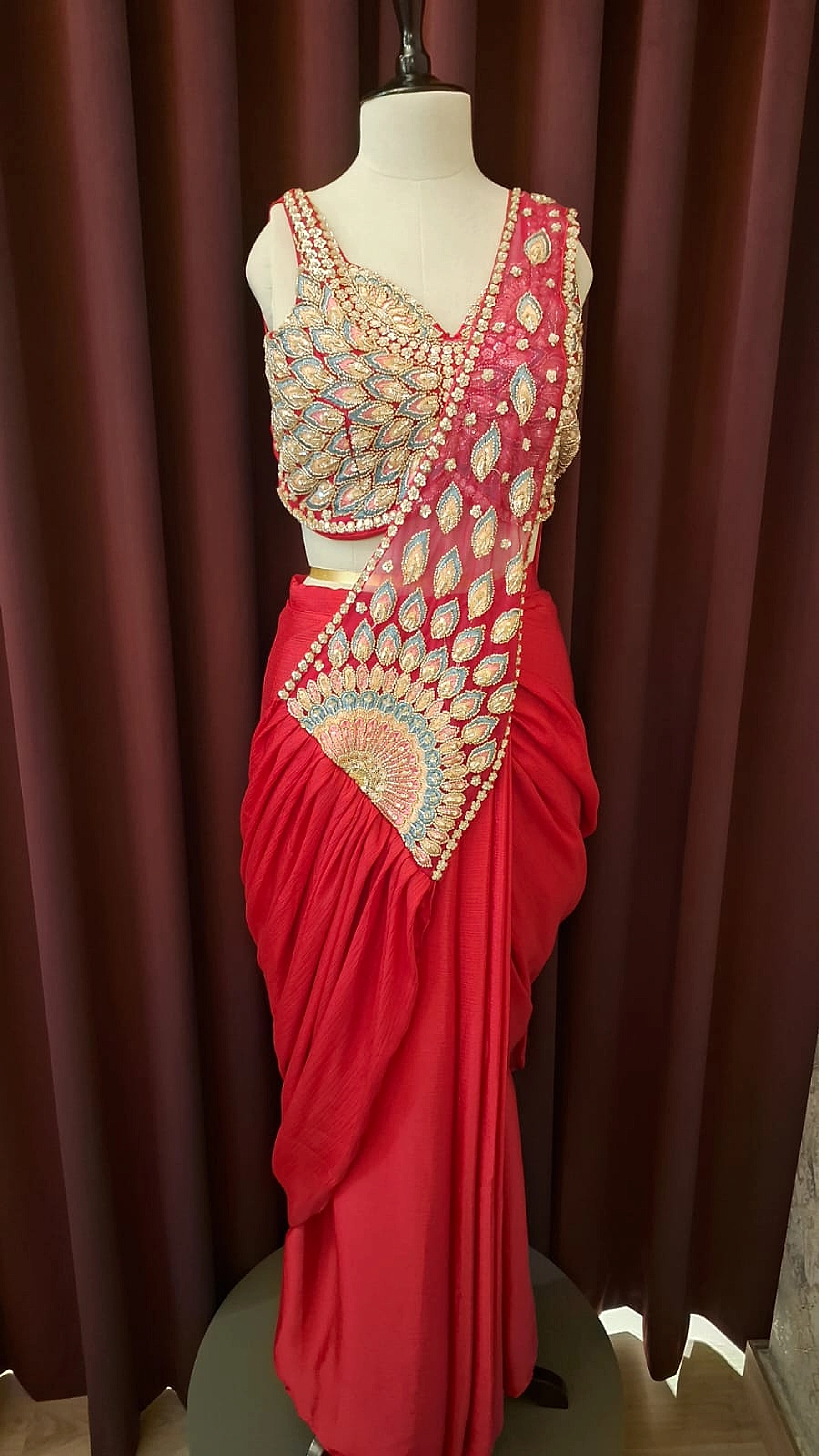 Rohini Crimson Red Peacock Hand-Embroidered Pre-Stitched Draped Saree — photo 6