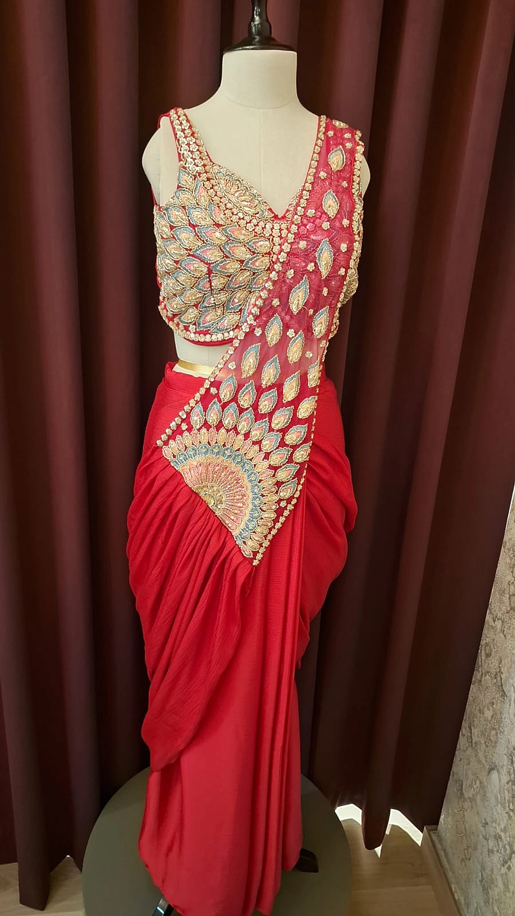 Rohini Crimson Red Peacock Hand-Embroidered Pre-Stitched Draped Saree thumbnail 7