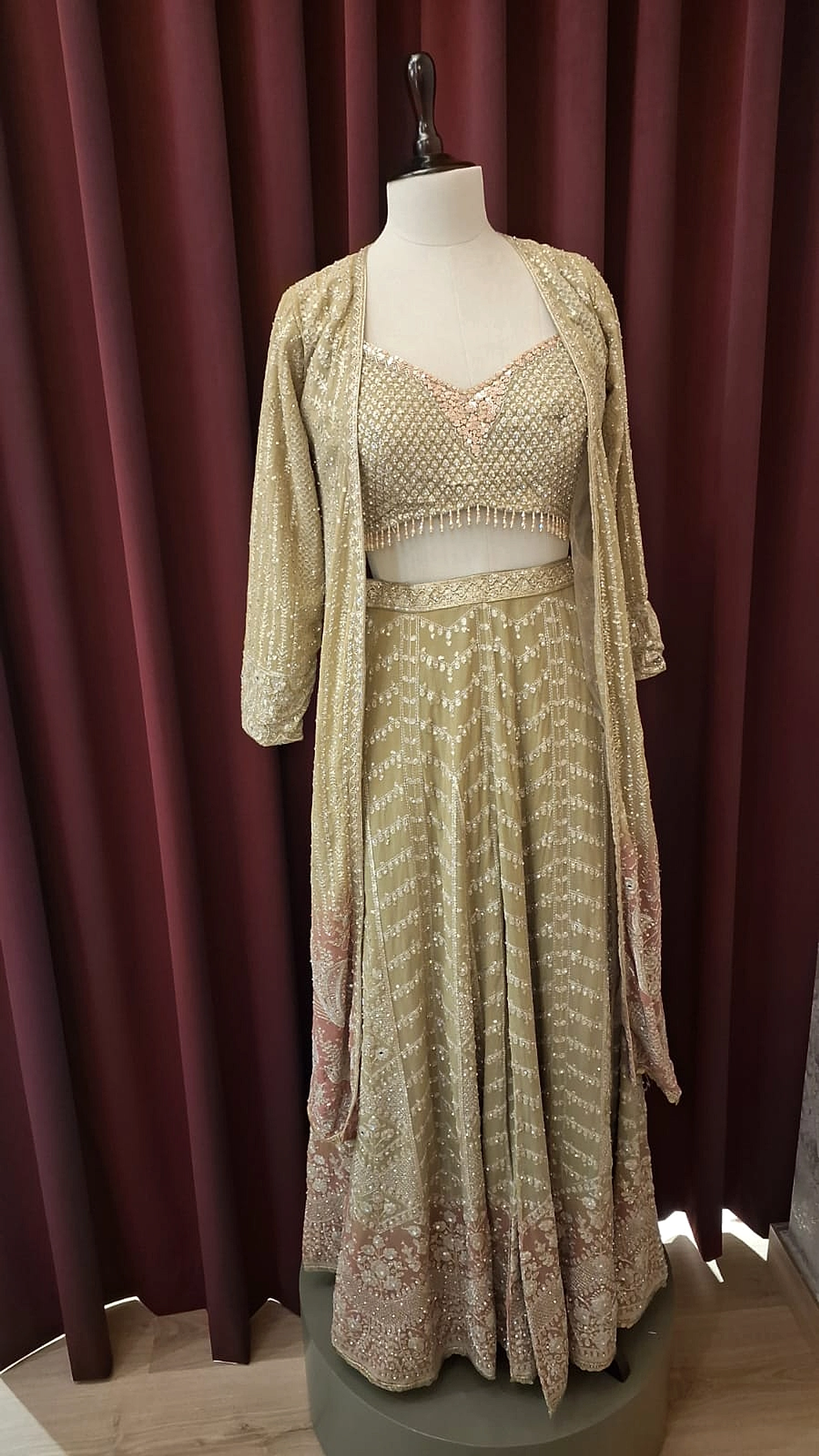 Zahira Sage Olive & Blush Embroidered Indo-Western Cape & Lehenga Set