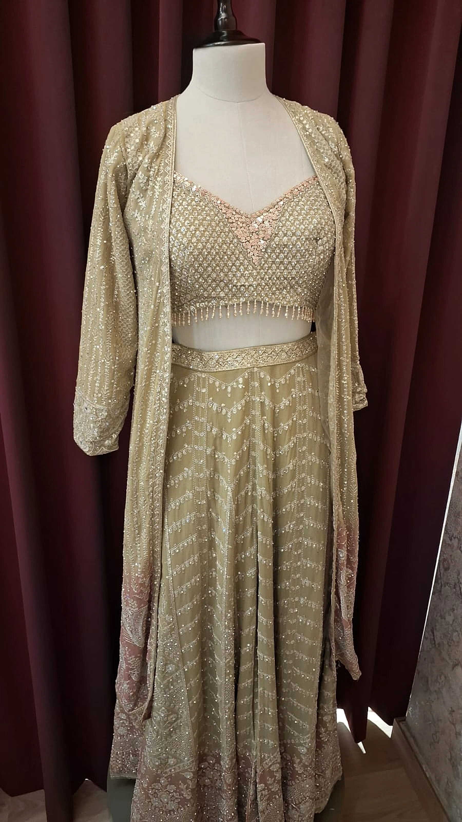 Zahira Sage Olive & Blush Embroidered Indo-Western Cape & Lehenga Set — alternate view