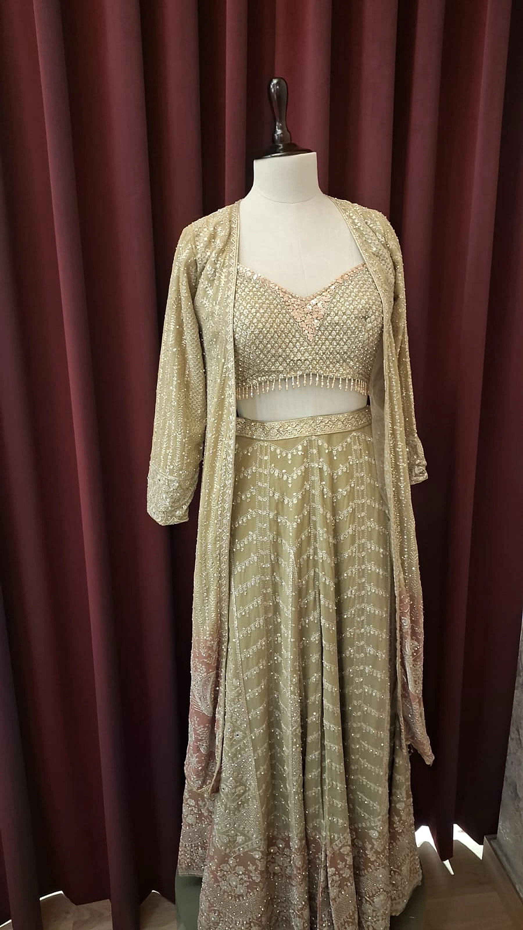 Zahira Sage Olive & Blush Embroidered Indo-Western Cape & Lehenga Set thumbnail 3
