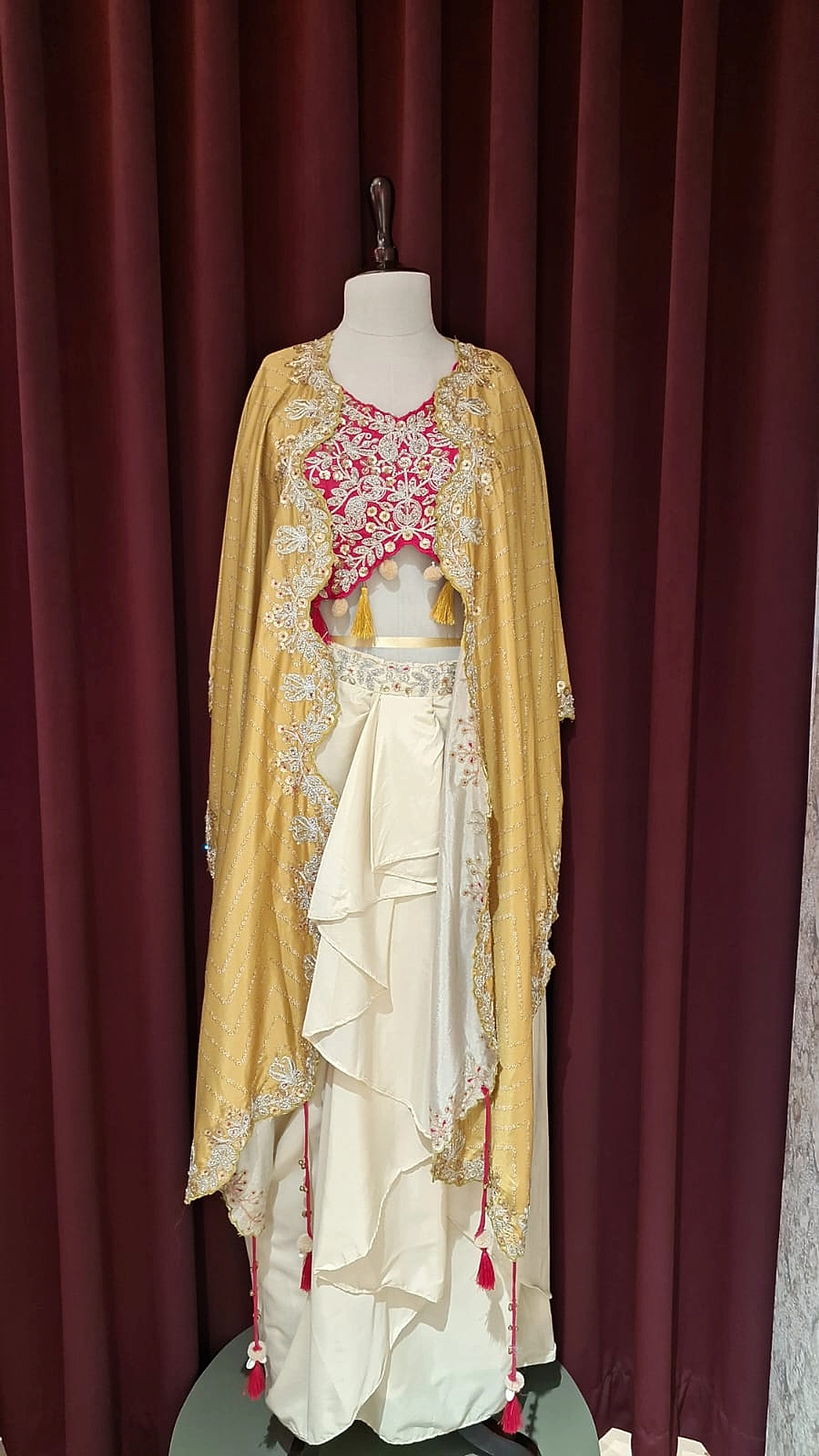 Mayuri Mustard Gold & Crimson Embroidered Indo-Western Cape Set