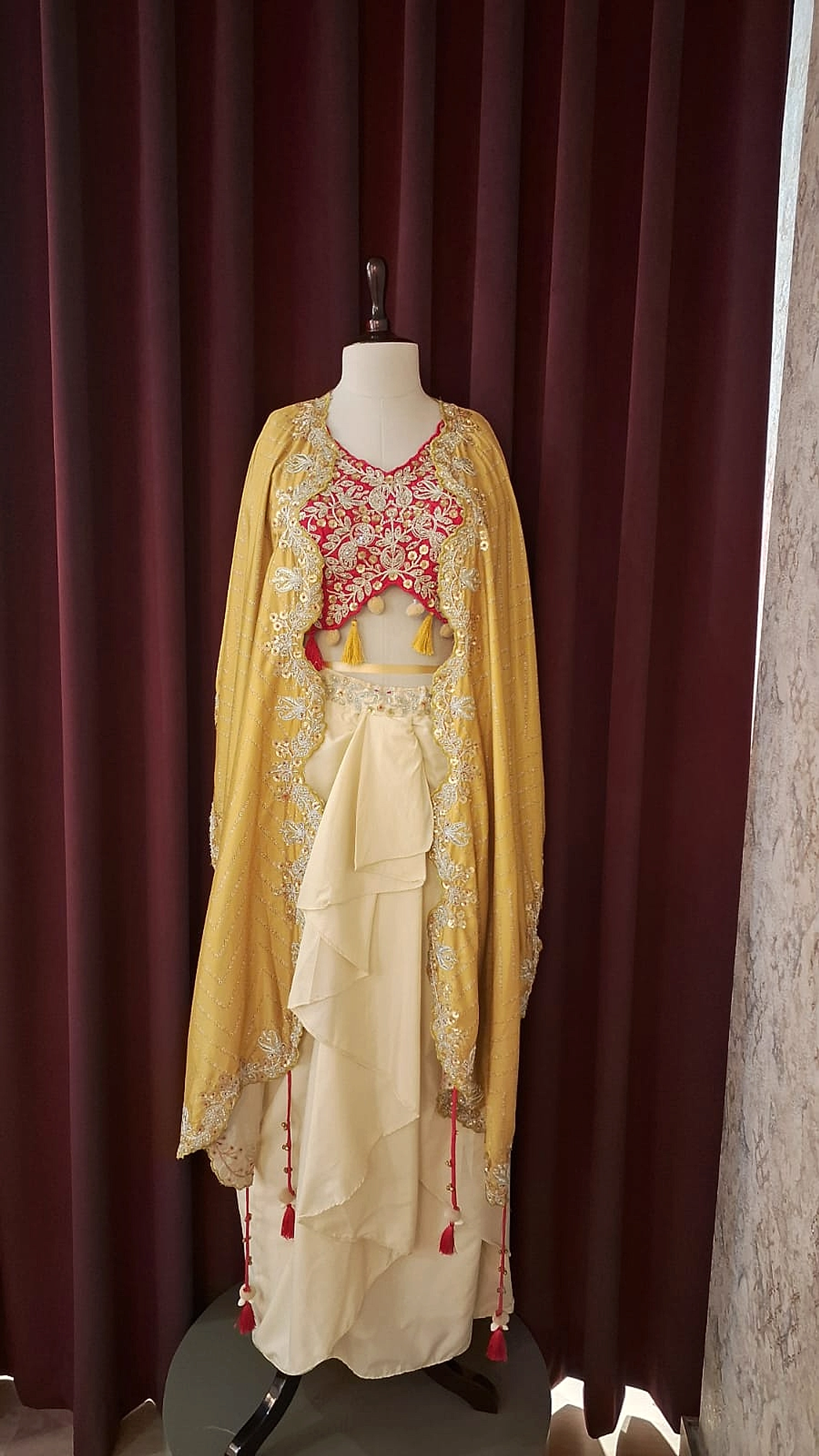 Mayuri Mustard Gold & Crimson Embroidered Indo-Western Cape Set — alternate view