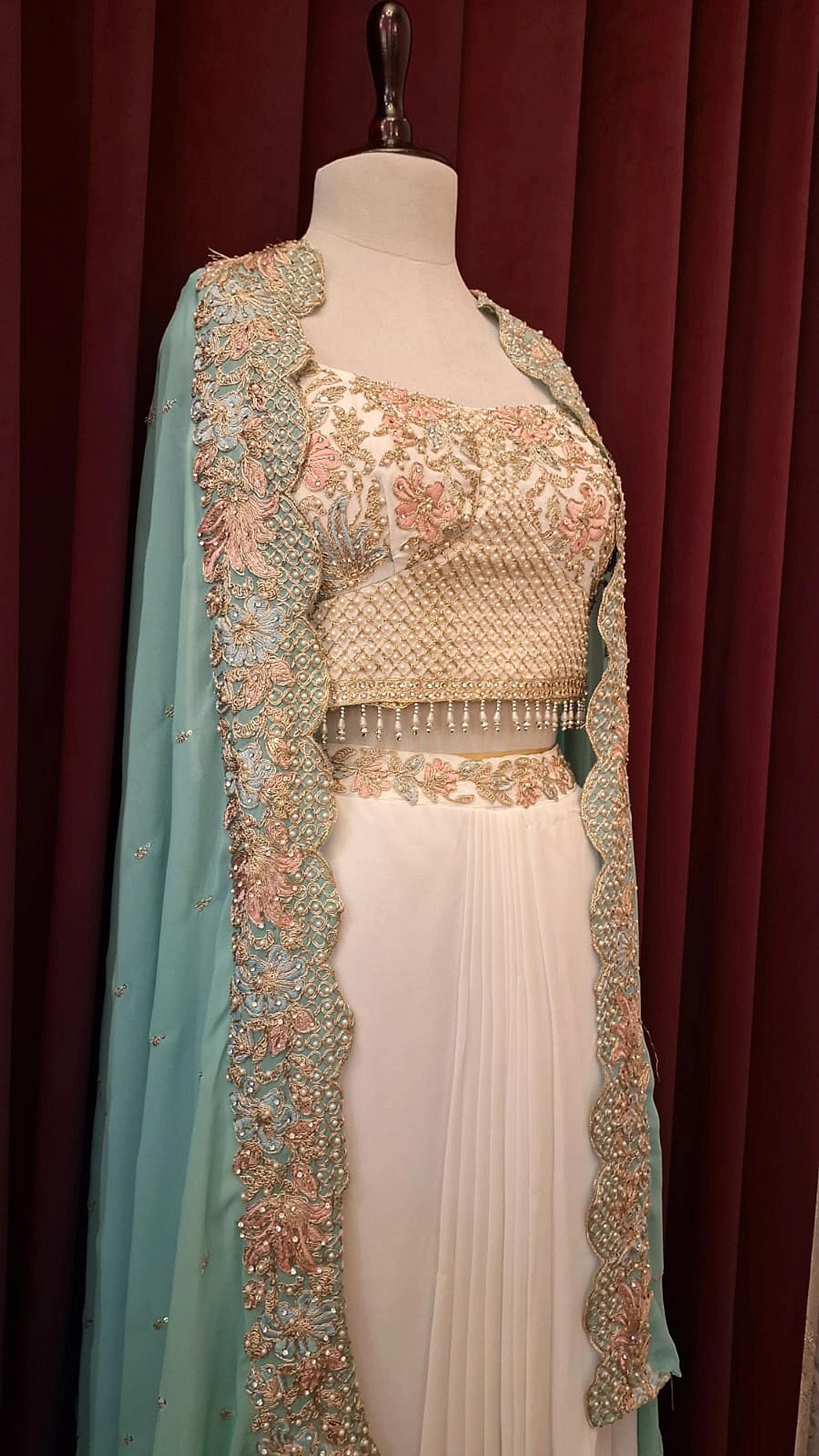 Zunaira Ivory & Mint Embroidered Indo-Western Drape Skirt & Cape Set thumbnail 5