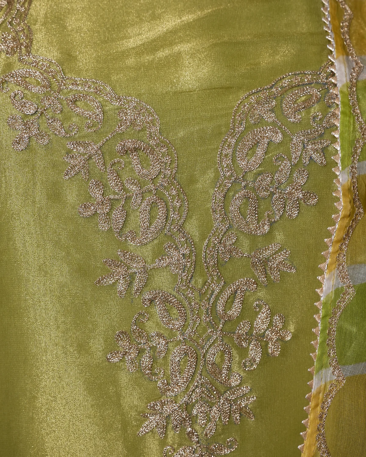 Afshan Lime Green Handcrafted Zari Silk Suit — alternate view