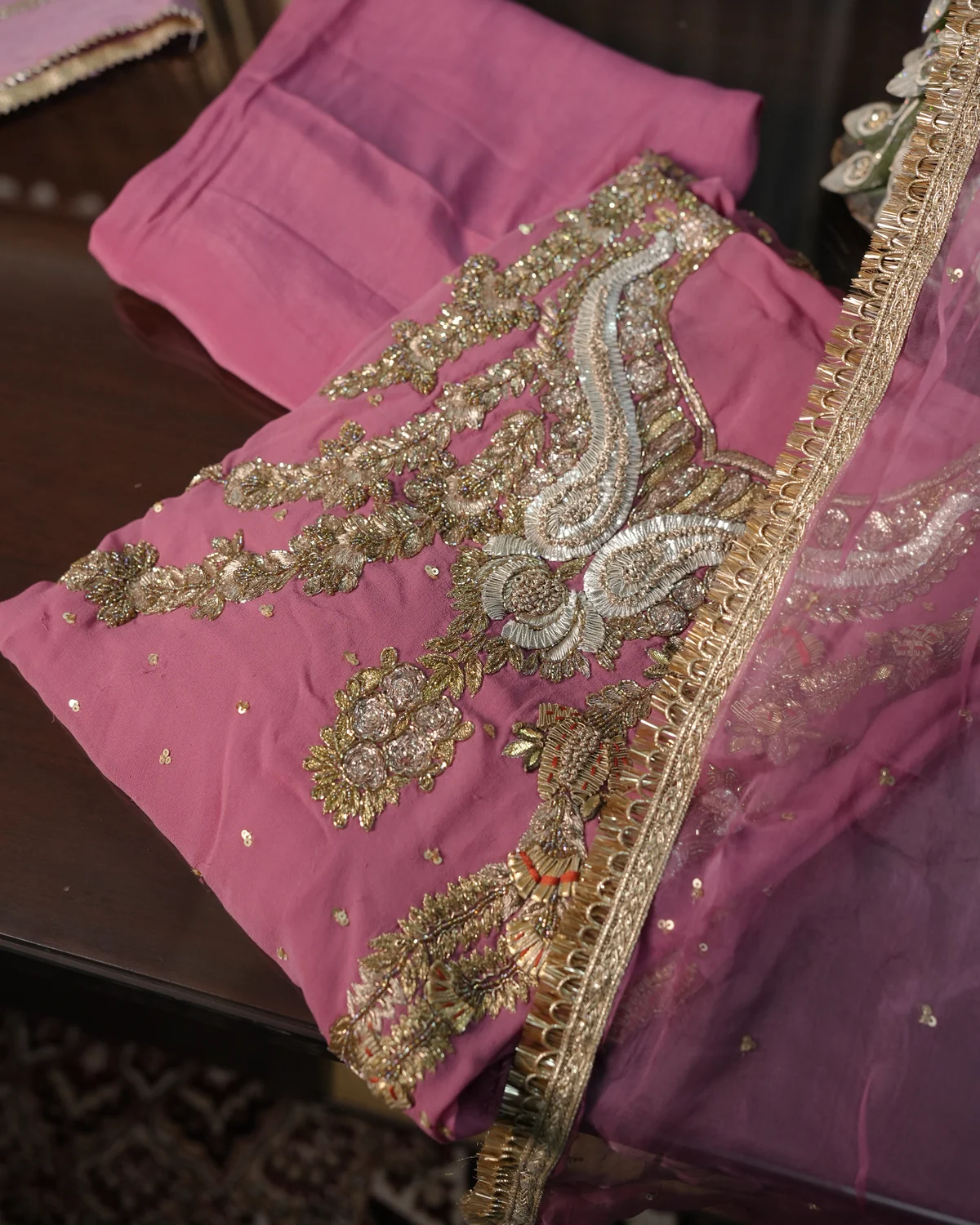 Gul-e-Rana Dusty Rose Handcrafted Zardozi Silk Suit — photo 3