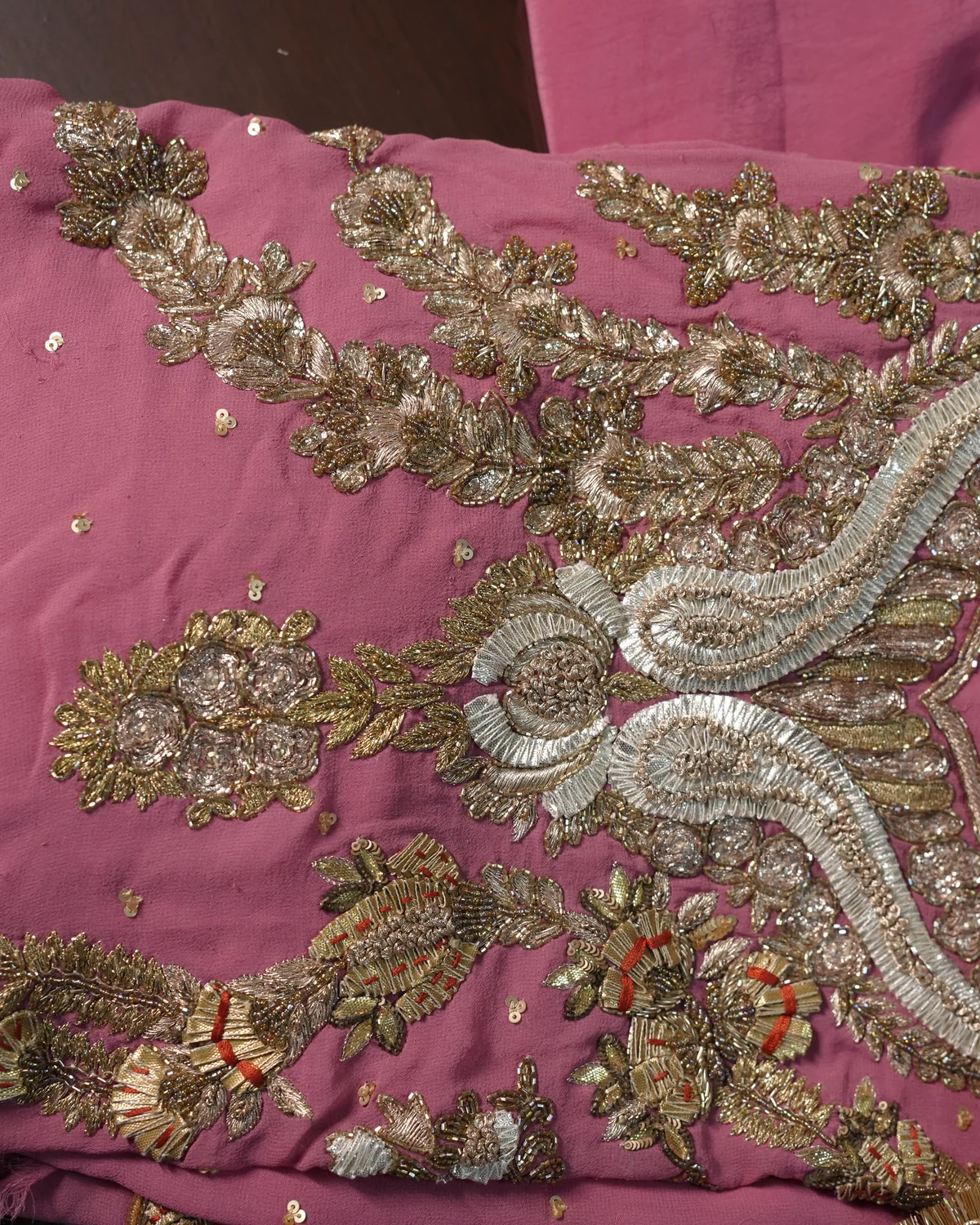 Gul-e-Rana Dusty Rose Handcrafted Zardozi Silk Suit thumbnail 4