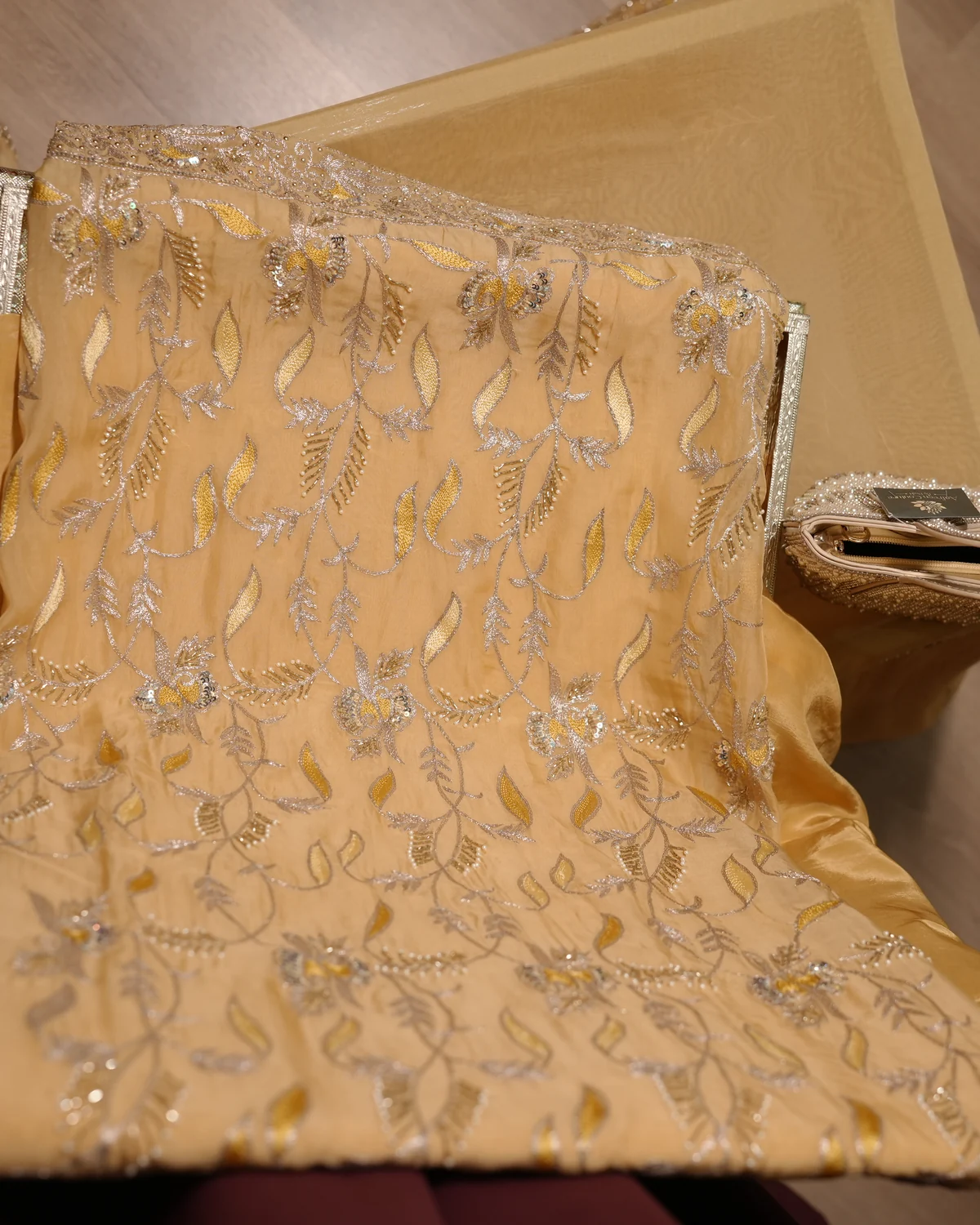 Mehrunisa Honey Gold Handcrafted Zardozi Silk Suit thumbnail 4