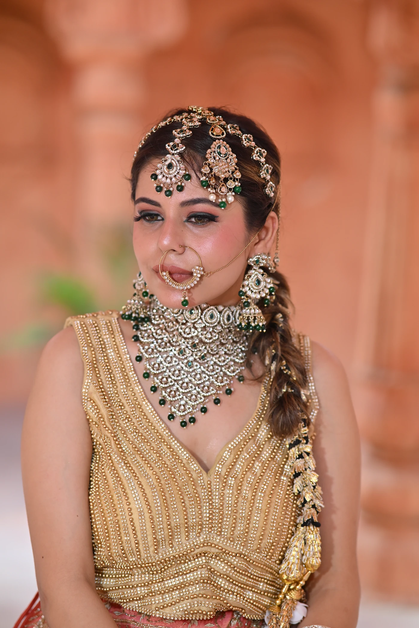 Gulrang Coral Peach & Antique Gold Flared Bridal Lehenga — photo 3