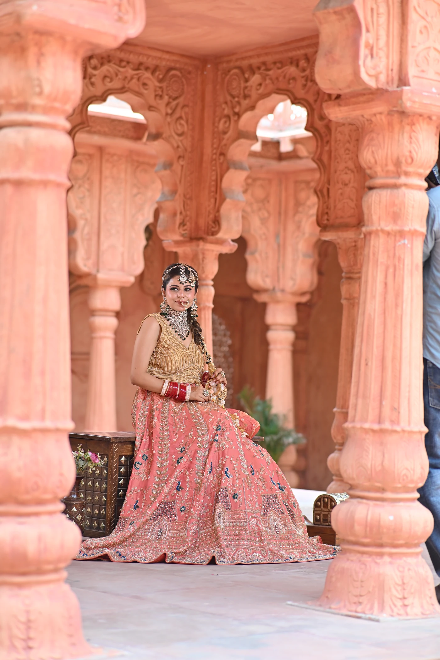 Gulrang Coral Peach & Antique Gold Flared Bridal Lehenga — photo 4