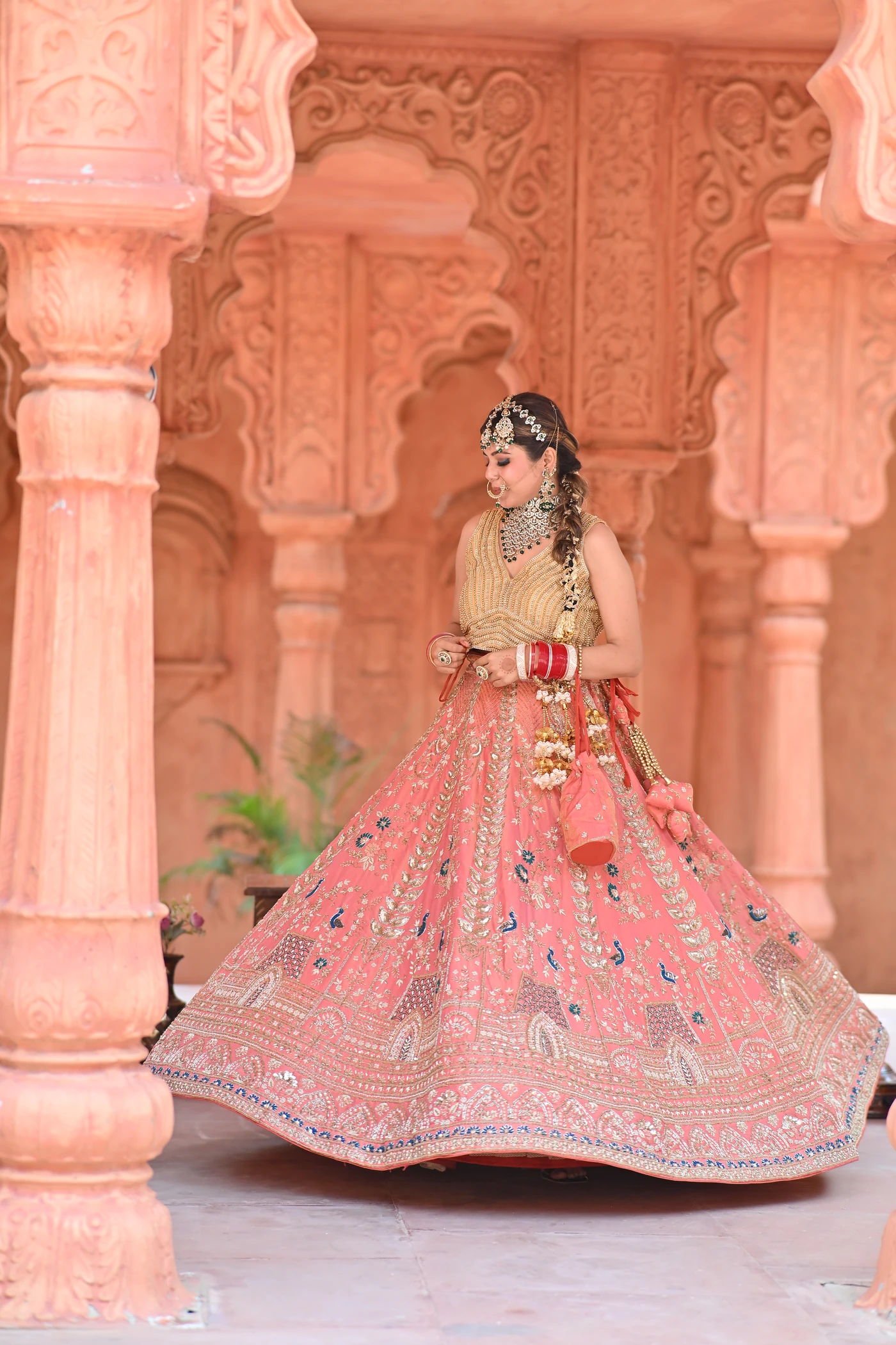 Gulrang Coral Peach & Antique Gold Flared Bridal Lehenga