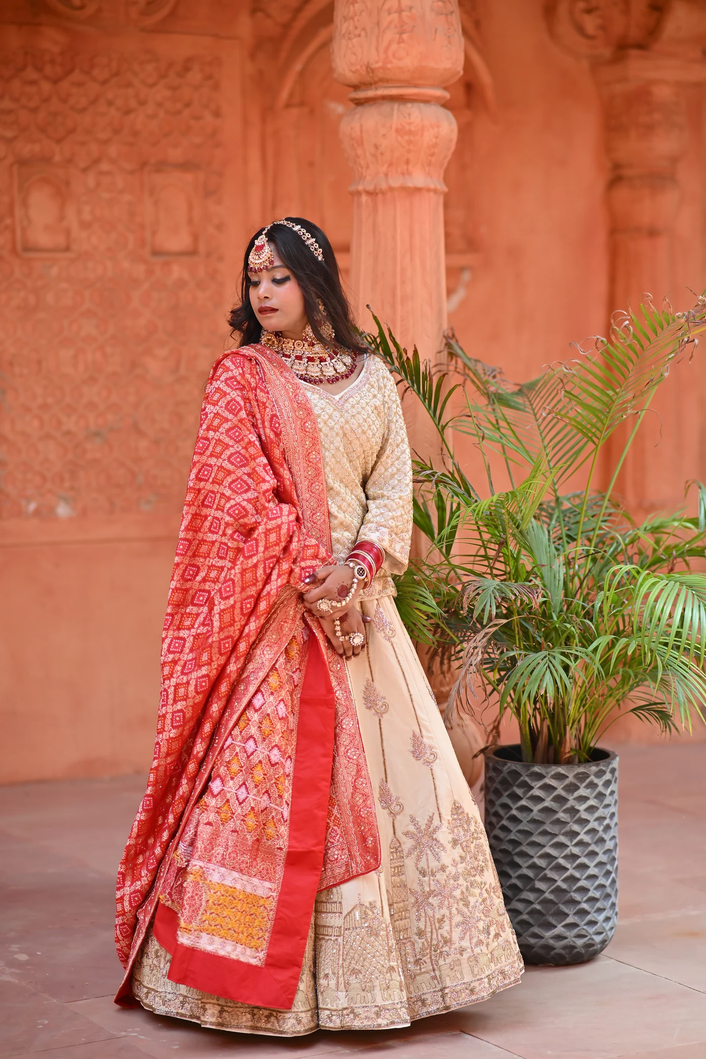 Rivaayat Ivory & Crimson Bandhani Royal Bridal Lehenga — photo 3