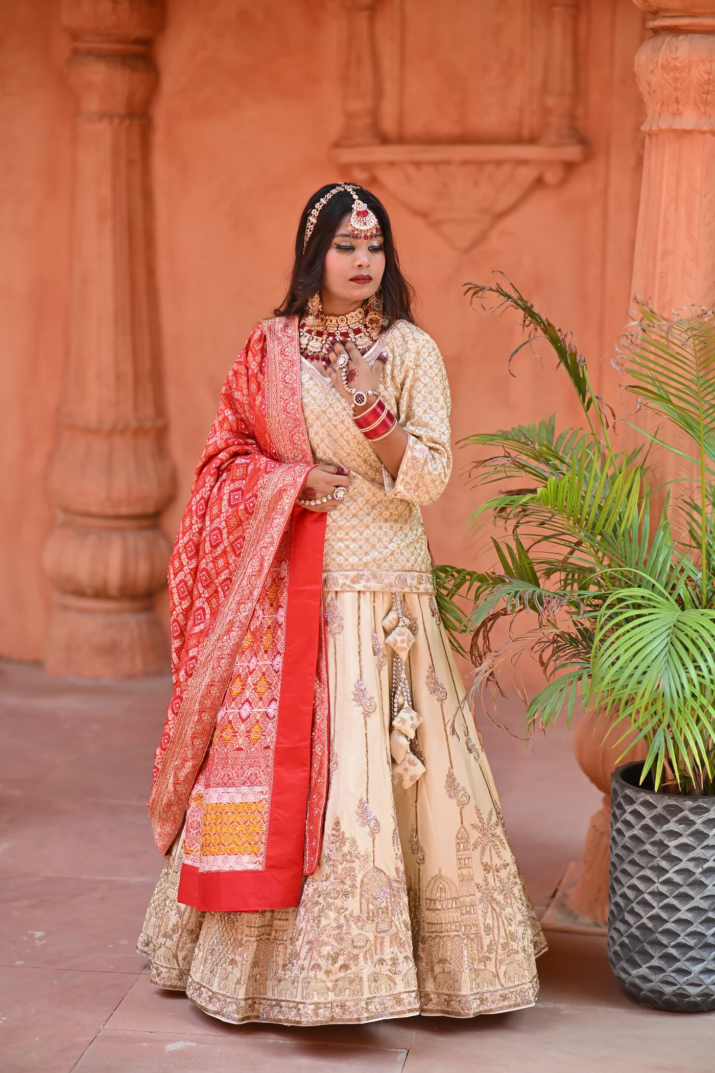 Rivaayat Ivory & Crimson Bandhani Royal Bridal Lehenga — alternate view