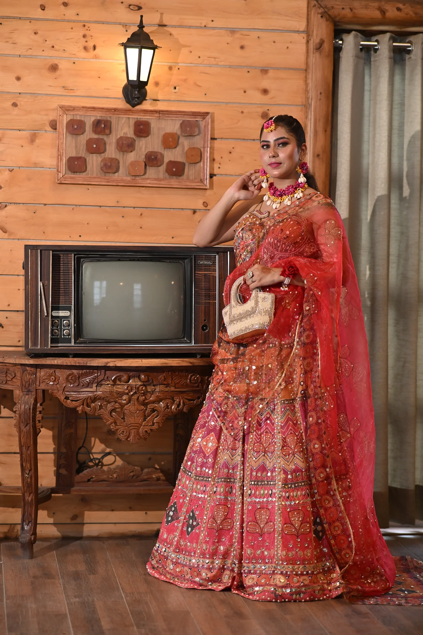 Aayra Coral Pink Mirrorwork Haldi Lehenga Set — photo 3