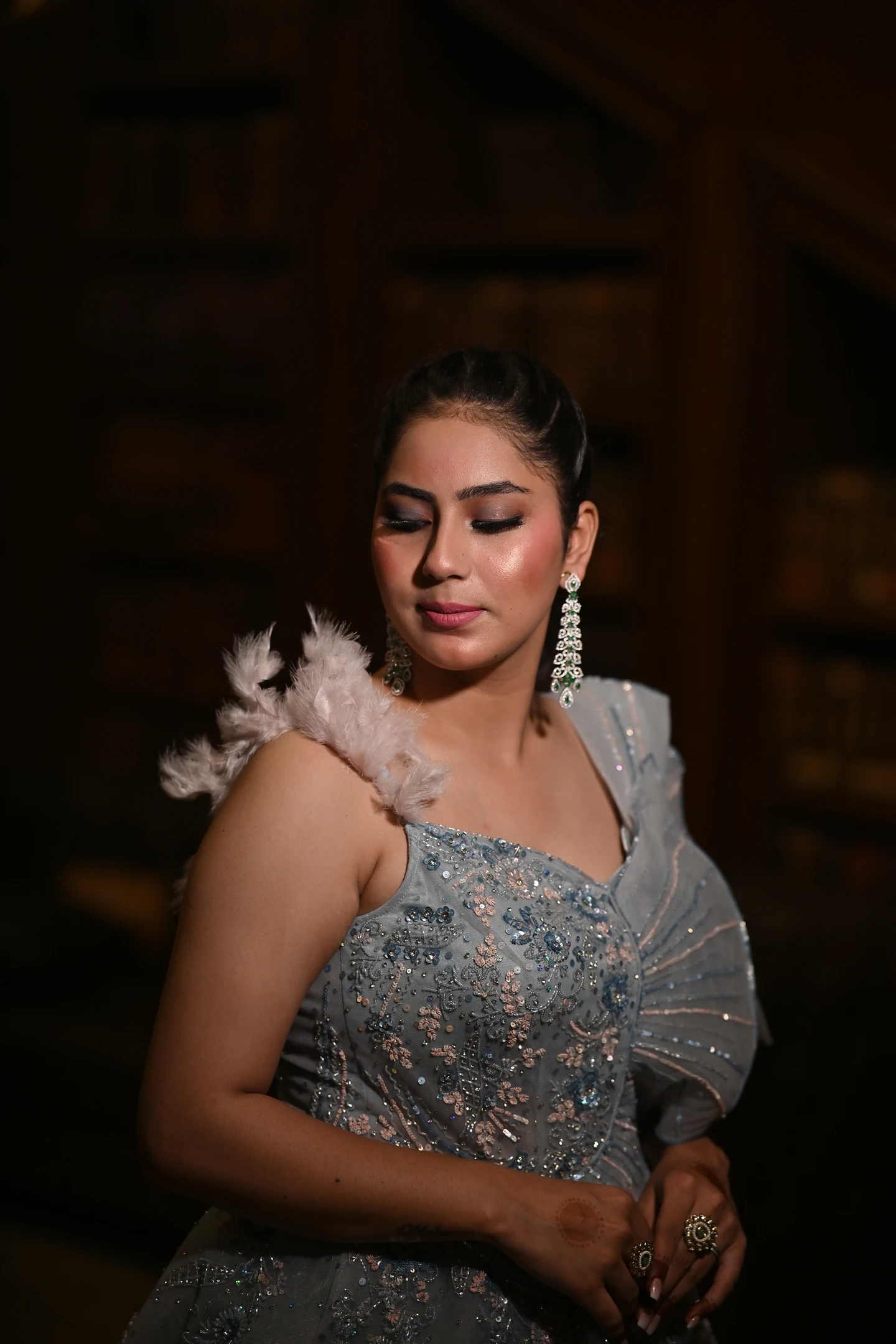 Seraphina Ice Blue Feather & Fan Pleated Gown — photo 4