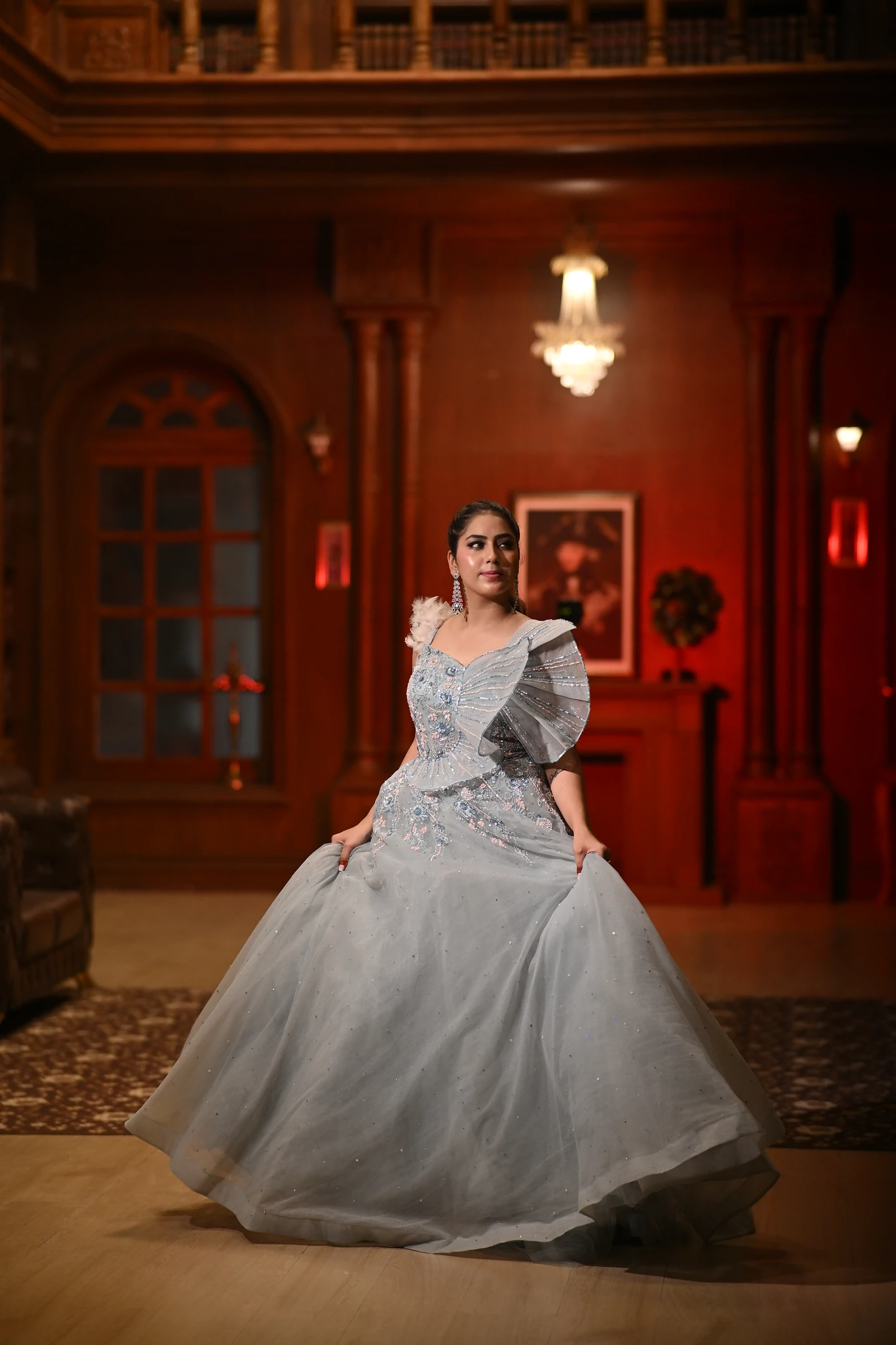 Seraphina Ice Blue Feather & Fan Pleated Gown — photo 3