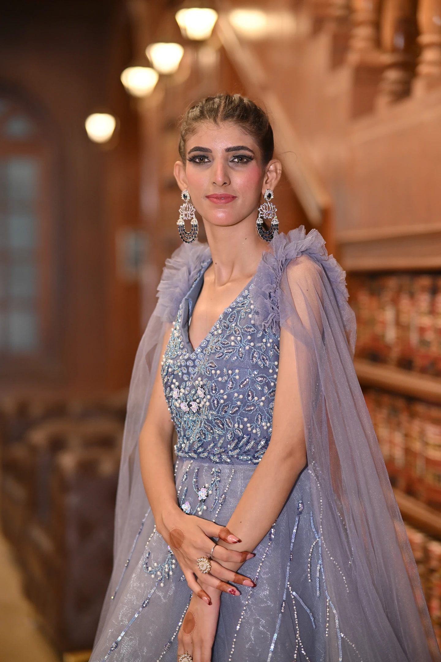Zoya Twilight Slate Blue Cape Reception Gown — photo 3